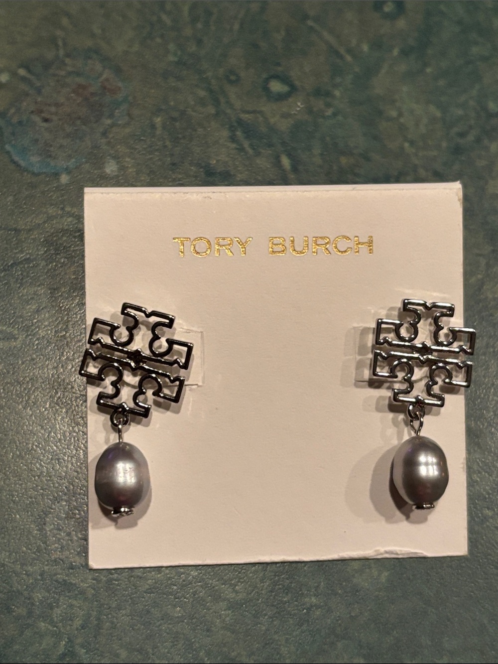 Brand new Tory Burch silver plated Logo Earrings with Grey Pearl Drops
